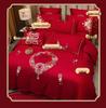 Luxury Dragon & Phoenix Embroidered Wedding Bedding Set - 4-Piece Festive Red Quilt for Newlyweds