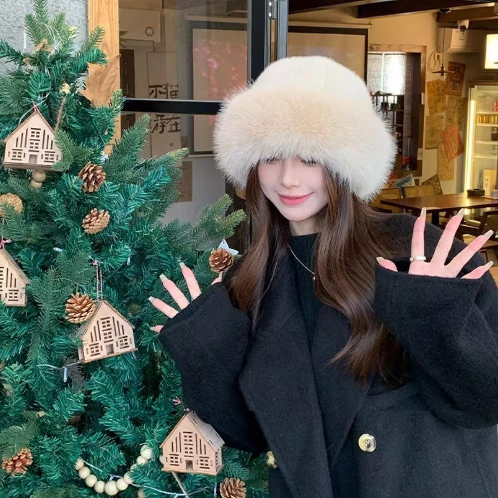Cold Fluffy Fur Bucket Hat Thicken Plush Fisherman Hat New Berets  Women