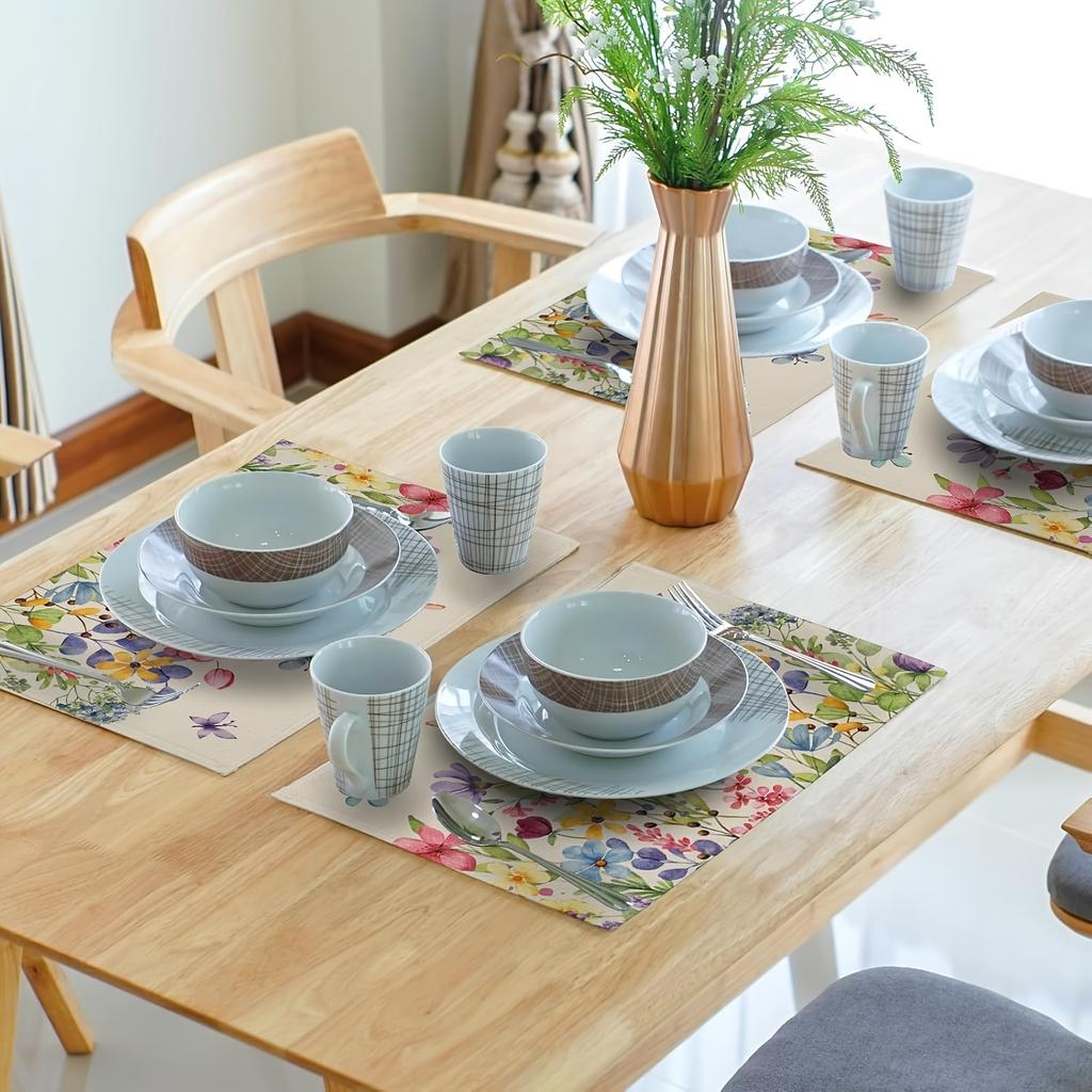 4 шт. Весенние Цветочные Салфетки под Тарелку Акварельные Цветы Бабочка Винтажные Рустикальные Коврики на Стол