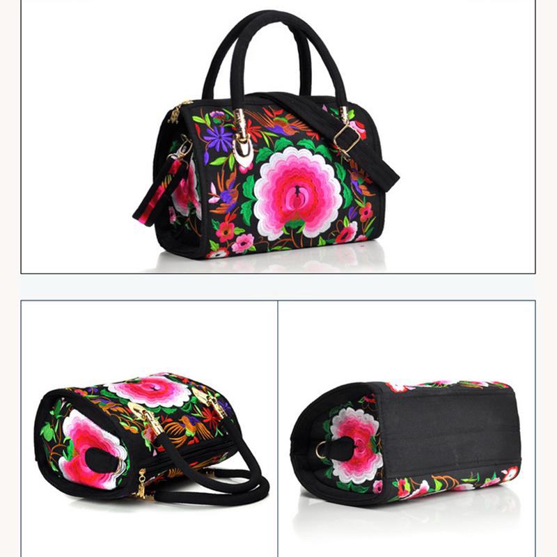 Bohemian Women Floral Embroidered Canvas Handbag Vintage Ladies Casual Ethic Boho Shopping Zipper Shoulder Travel Bag