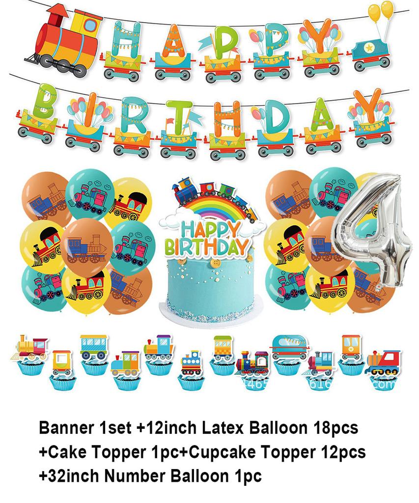 Cartoon Train Theme Birthday Party Decoration Number Balloons Cake Topper Transportation Vehicles Backdrop Banner Party Supplies