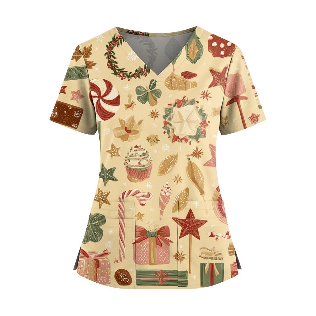 Women's Christmas Print V-Neck Double Pocket Short Sleeves Hem Slit Uniform And Caregiver Top