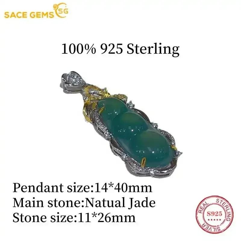 Sace Gems S925 Sterling Silver Certified 11*26MM Natual Jade Pendant Necklaces for Womne Engagement Cocktail Party Fine Jewelry