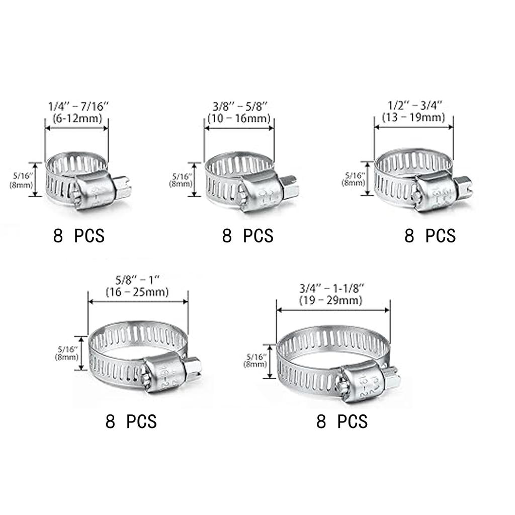 Набор из 40 хомутов из нержавеющей стали 1/4'' - 1-1/8'' для труб, интеркулеров, сантехники, труб и топливных линий