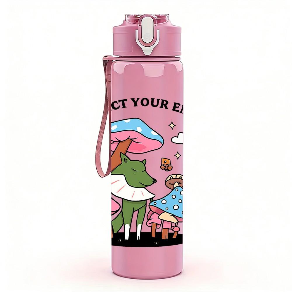 1PC Mushroom Elf Cartoon Print 750ml Color Plastic Sports Water Bottle Leakproof Flip Straw Lid Suitable for Sports Office Home Use