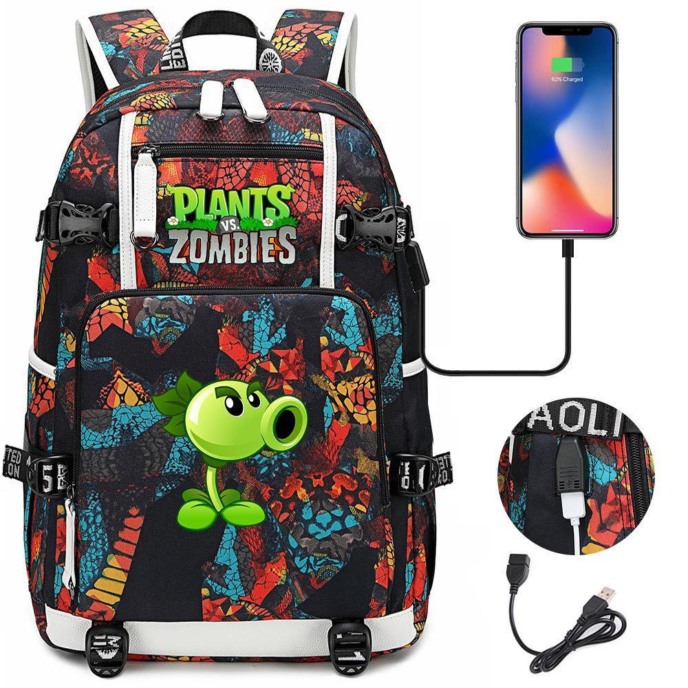 Double Shooter Plant USB Teen Student Backpack Unisex Casual Travel Rucksack