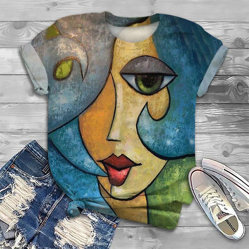 Summer Abstract Face 3D Print T-shirt Women Short Sleeve T Shirts Harajuku Streetwear Tees Oversized Y2k Tops Woman Clothing