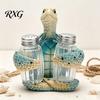 Seaside Resort Kitchen Ornament Sea Turtle Salt Pepper Shaker Set with Holder, Resin Figurine Decorative Spice Rack for Countertop Glass Bottles,