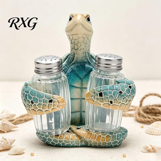 Seaside Resort Kitchen Ornament Sea Turtle Salt Pepper Shaker Set with Holder, Resin Figurine Decorative Spice Rack for Countertop Glass Bottles,