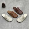 Retro Genuine Leather Flat Slippers Leisure Versatile Round Toe Soft Sole Women Outdoor Slides