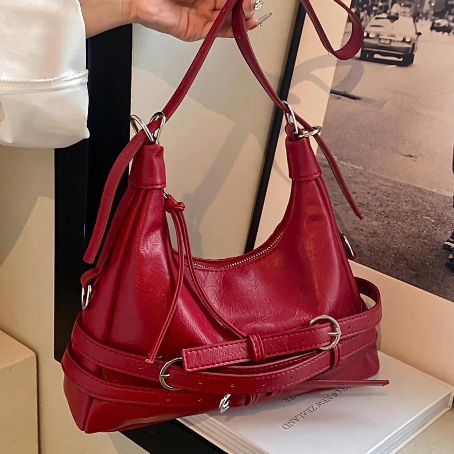 JIAERDI Hot Girl Retro Red Underarm Biker Bag Women PU Leather Large Capacity Belt Handbag Fashion Trend Versatile Shoulder Bags