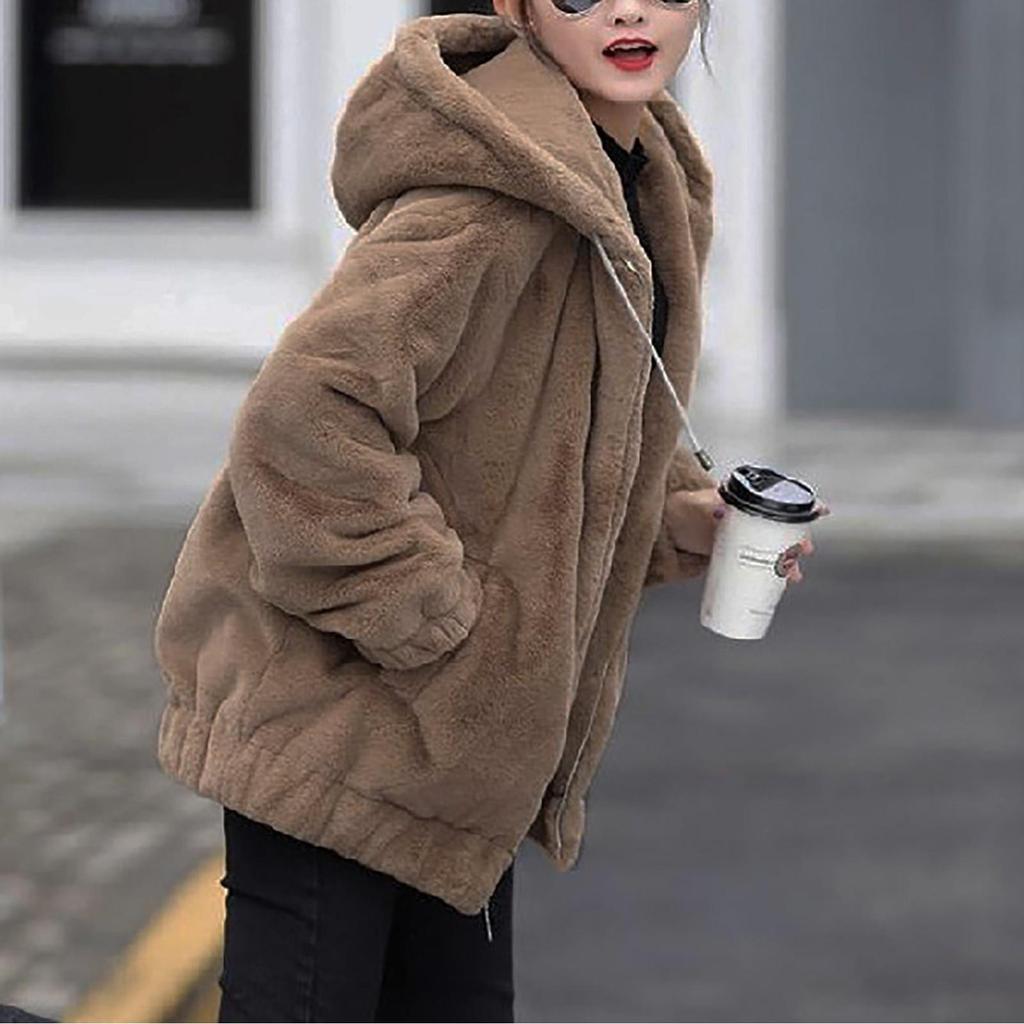 Плюшевая карманная куртка с капюшоном из искусственного кролика для женщин. Свободный плюшевый женский топ с длинными рукавами.