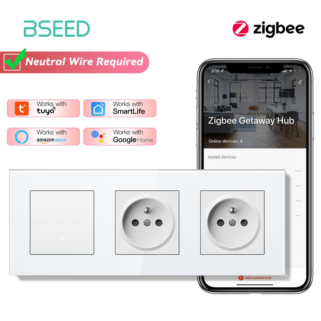 BSEED Zigbee 1/2/3/4-клавишные Умные выключатели света Кнопочные панели Управление через приложение Tuya Smart Life Плюс Двойные французские розетки Стеклянные панели