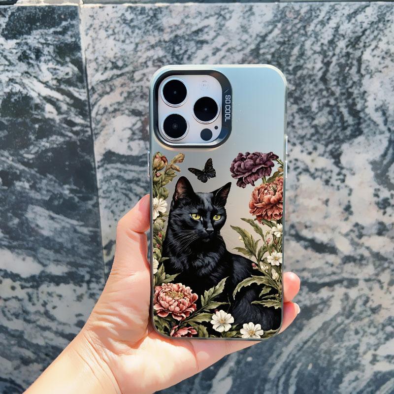 Милый чехол для телефона с черными кошками и цветами для iPhone 15 14 13 Pro Max 13 Mini 12 11 Pro Max 15 14 Plus Ударопрочная лазерная задняя крышка