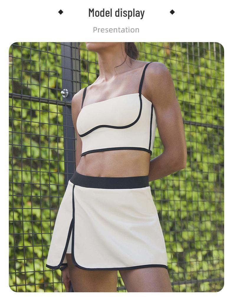 Женский стройнящий теннисный костюм контрастных цветов, быстросохнущий жилет для йоги и фитнеса со юбкой, с чашечками, комплект из двух предметов спортивной одежды.