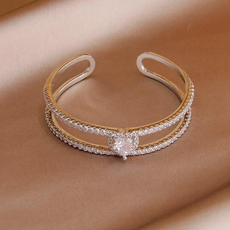 Korea&Japanese Delicate Double Layer Charm Bangles for Women Fashion Brand Jewelry Crystal Heart Bracelets Accessories