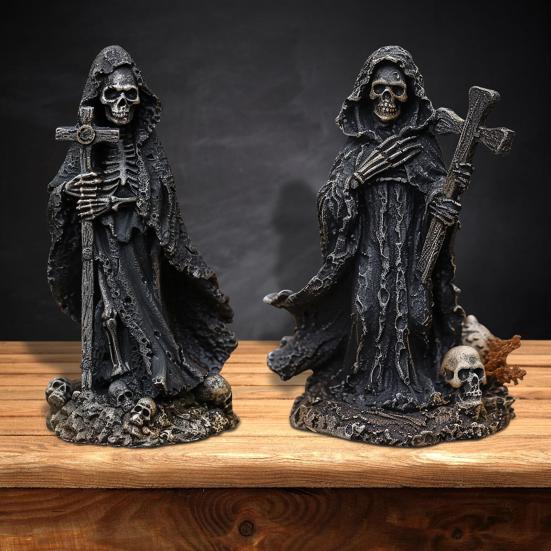 Halloween Black Robe Skeleton Figurine Gothic Cross Skeleton Resin Statue Sculpture Home Office Desktop Bookshelf Decoration Ornament Festival Gift
