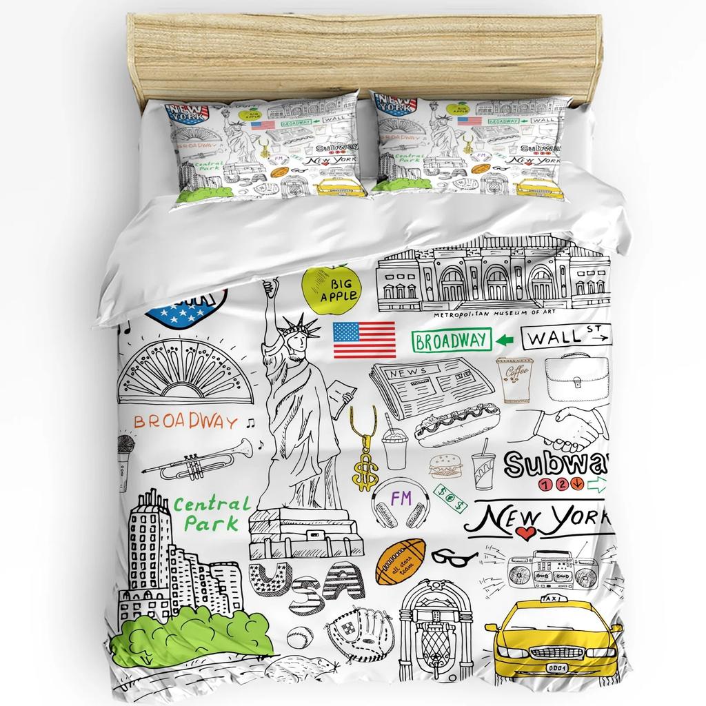 Пододеяльник New York Sketch City Комплект постельного белья для двуспальной кровати Домашний текстиль Покрывало Наволочки Комплект постельного белья для спальни (Нет листа)