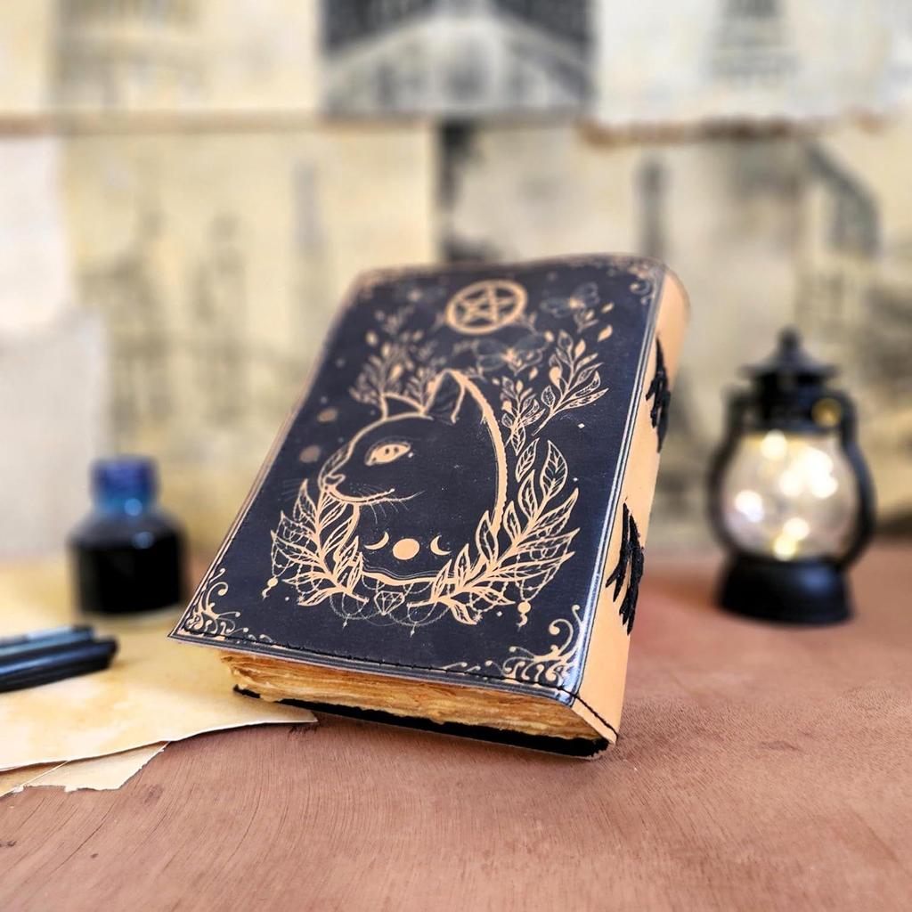 Cat Personalized Gift for Her Leather Dairy Journal Sketchbook Album with 100 Sheets of Deckle Edge Paper