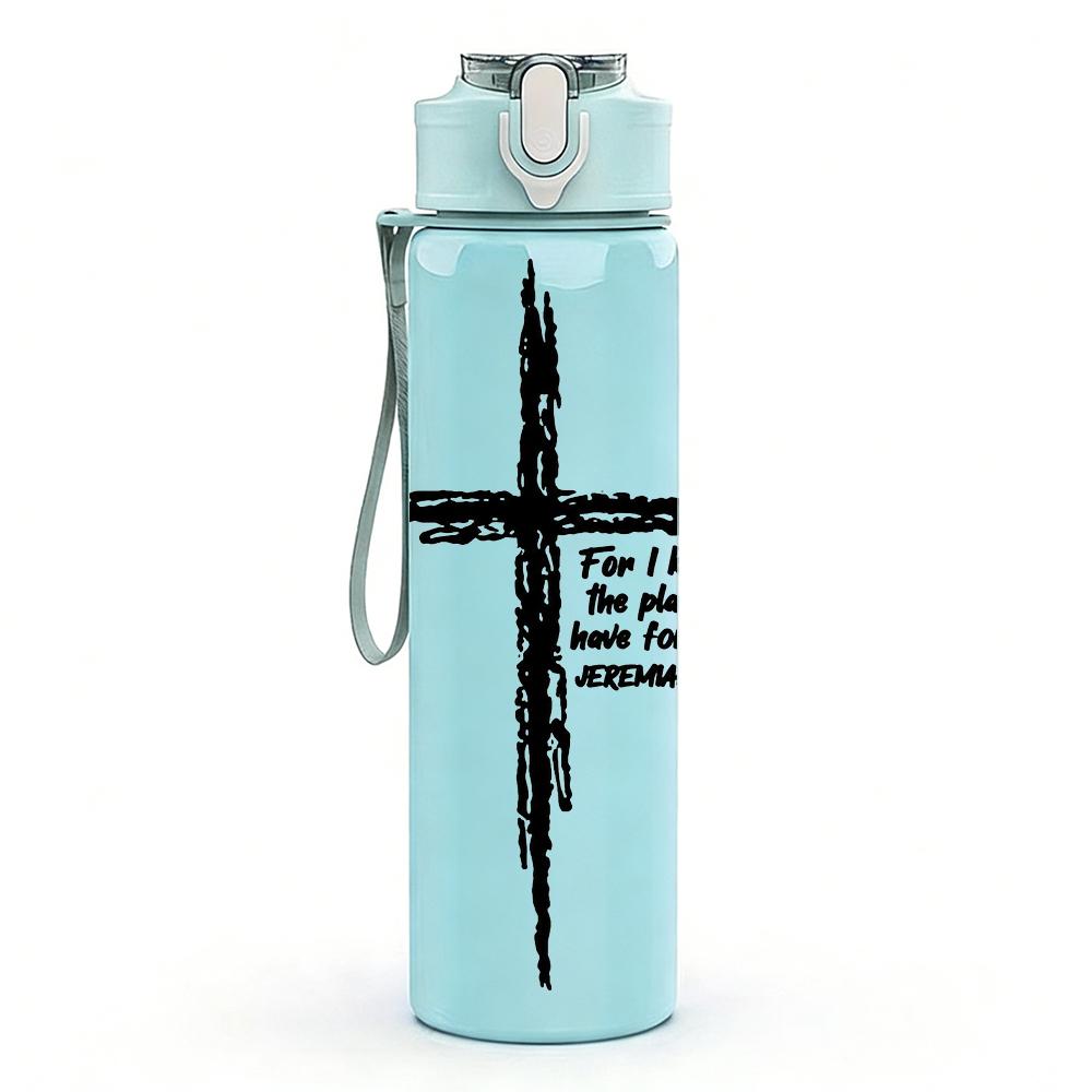 1PC Scripture Verse Wooden Cross 750ml Color Plastic Sports Water Bottle Leakproof Flip Straw Lid Suitable for Sports Office Home Use
