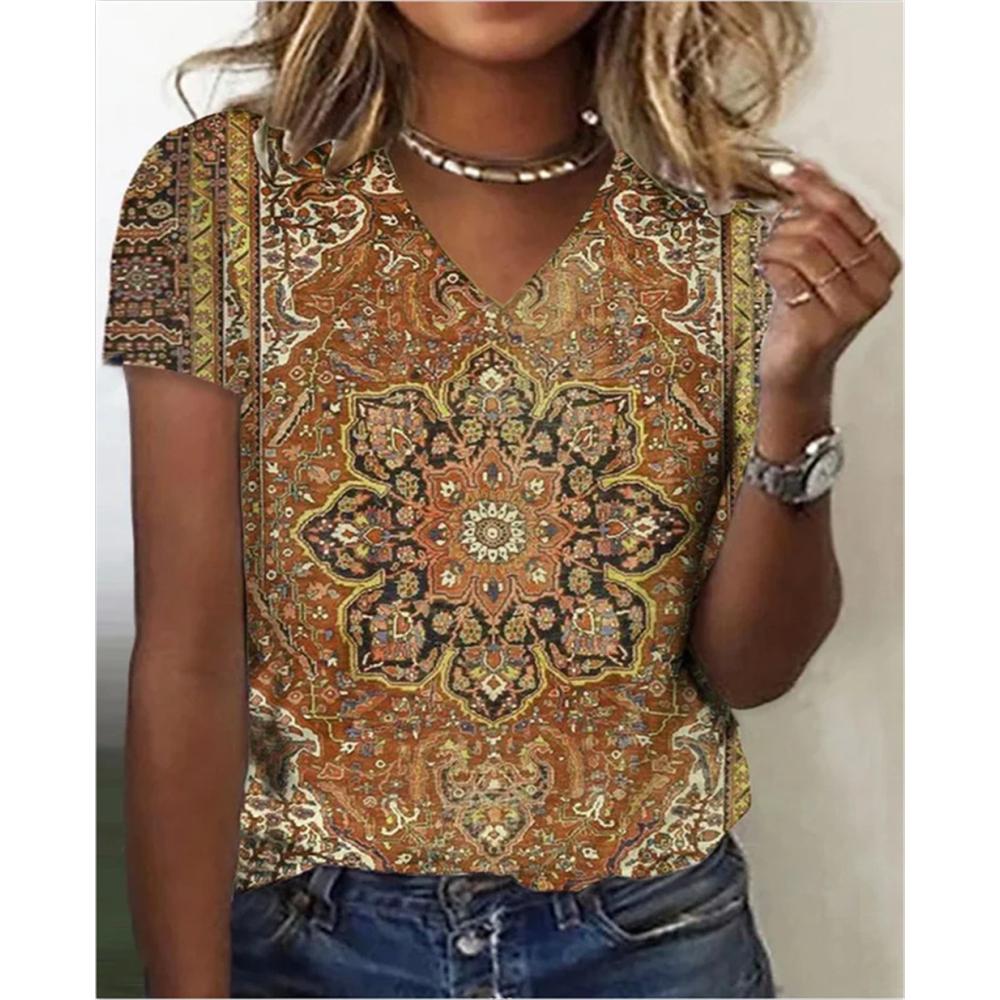 Летняя винтажная футболка женская модная футболка с V-образным вырезом топы футболки одежда Y2k женские футболки рубашка женская майки этнические
