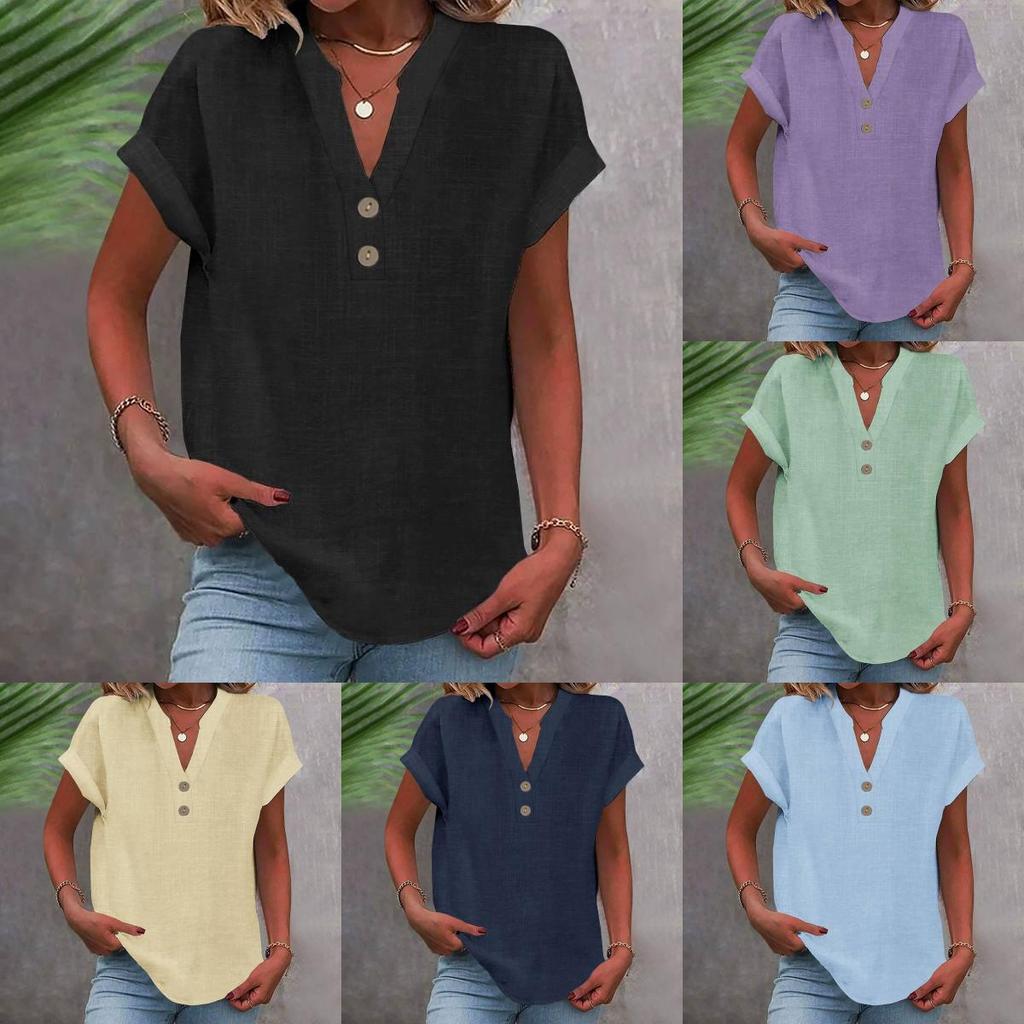 Summer Women Shirt With Stand Collar Short Sleeve Cotton Blended Fabric For Casual Wear