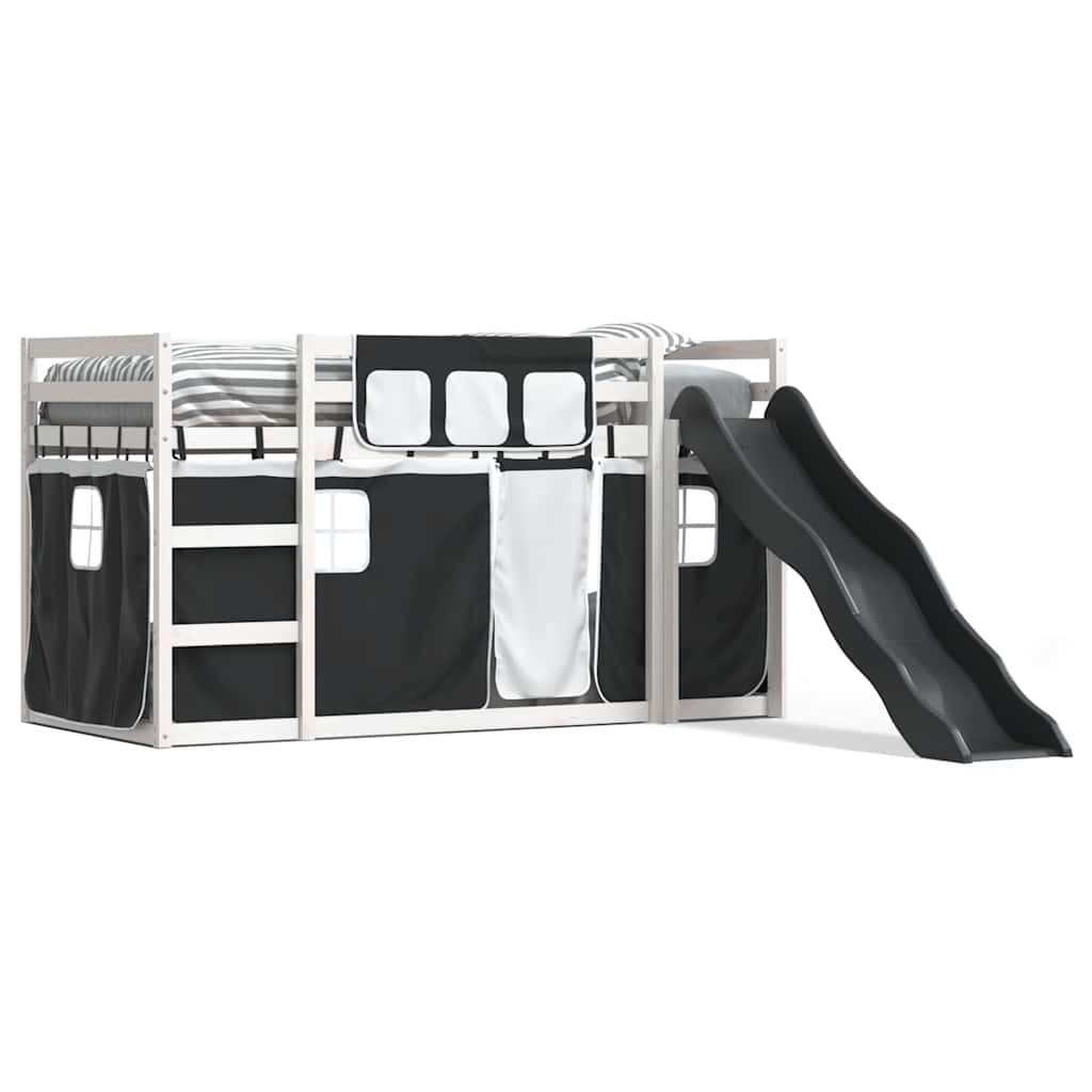 Bunk Bed with Slide and Curtains White and Black 90x200 cm