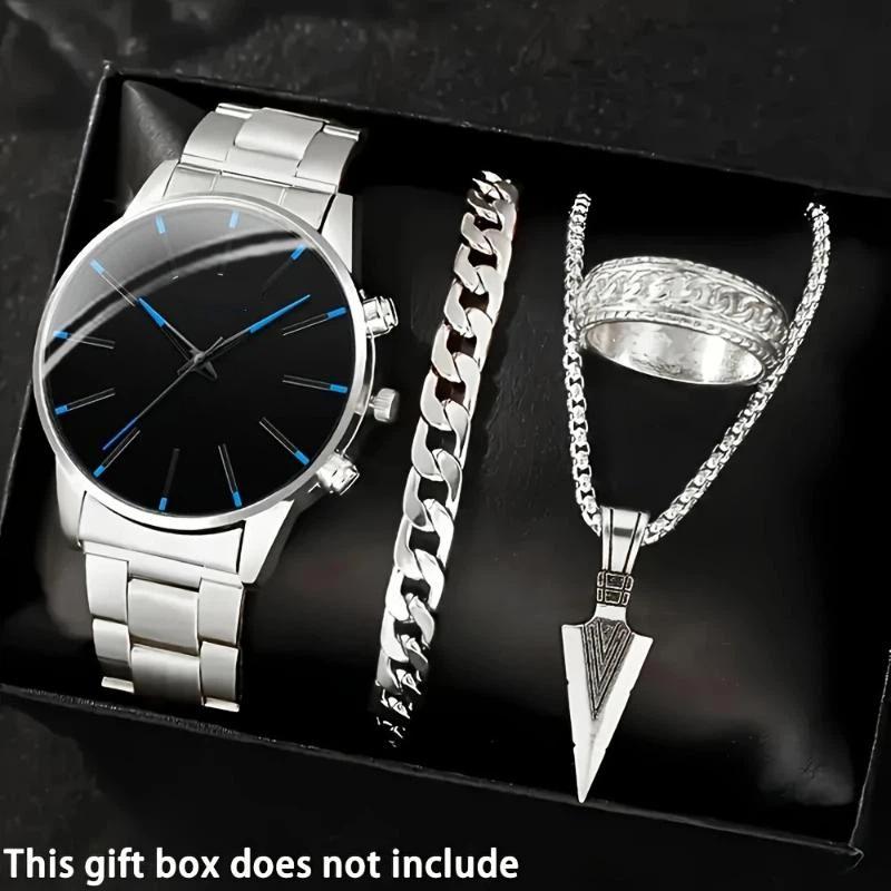 1 Set Fashionable Business Men'S Watch Necklace Ring Stylish Men'S Quartz Watch Christmas Halloween Gift