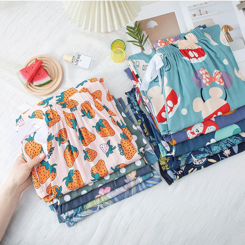 Женские пижамные брюки больших размеров из хлопка и вискозы, с мультяшным цветочным принтом, свободные девятиточечные пляжные брюки, для улицы