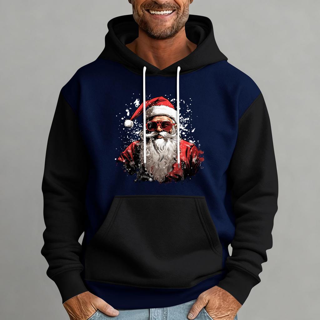 Мужской рождественский свитшот с капюшоном, повседневный, спортивный, удобный, с цветными блоками и принтом