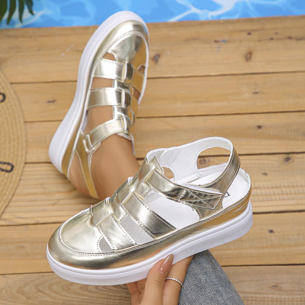 Летние женские сандалии на толстой подошве с покатым каблуком Roman Baotou Casual Cool Single Shoes Толстые пляжные сандалии на липучках для женщин