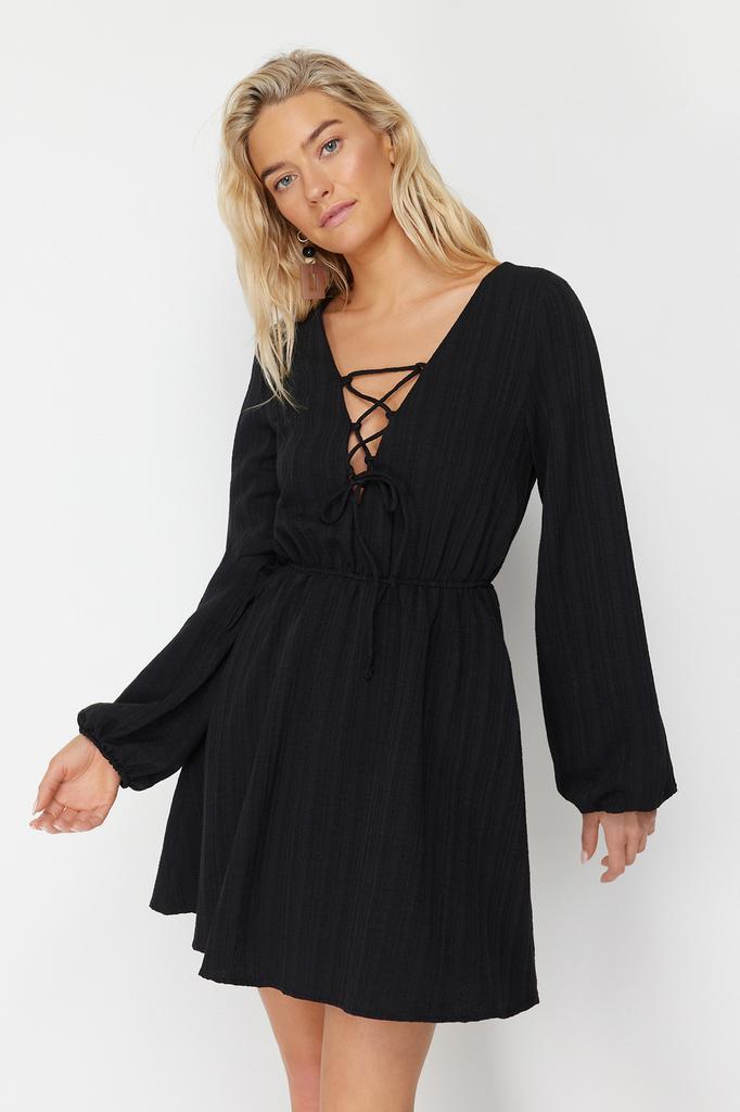 Women's Fashion New Dress Black Mini Woven Tie-Up Linen Blend Beach Dress