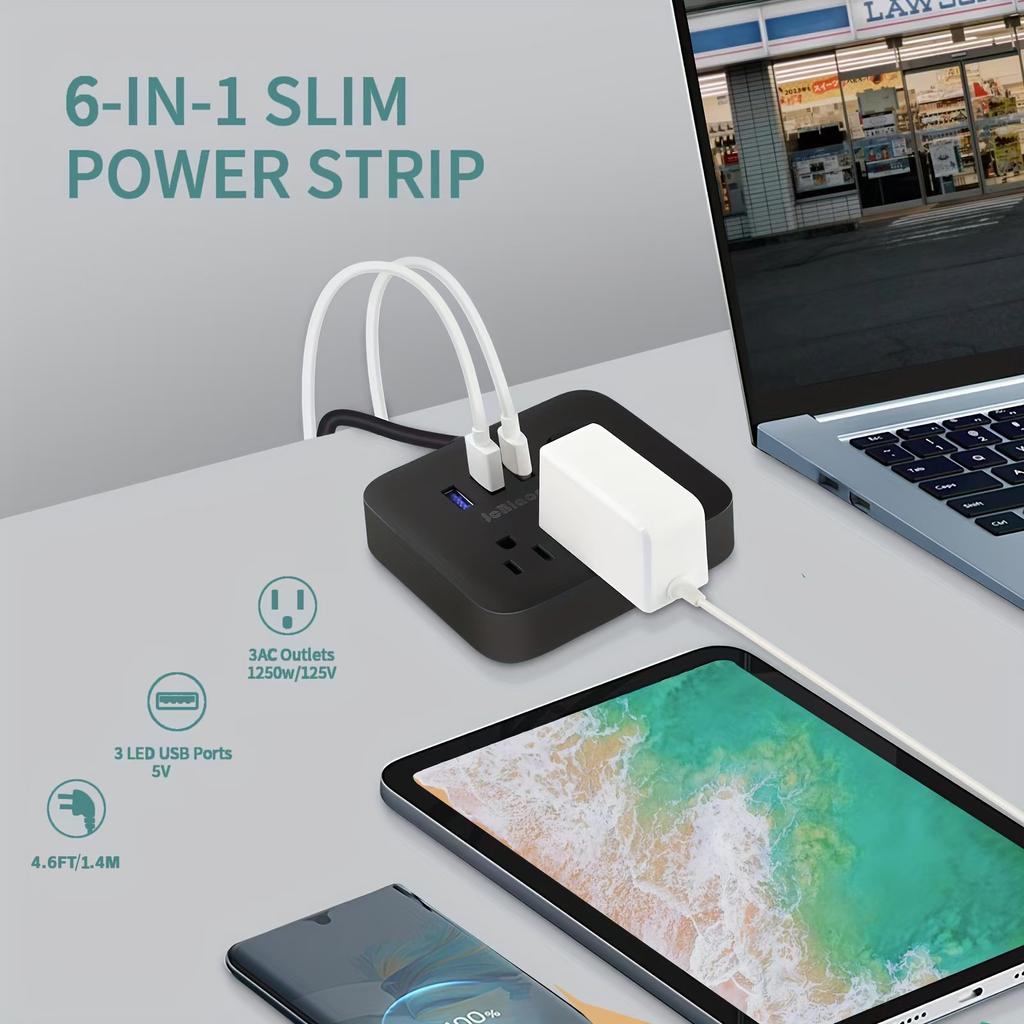 Сетевой фильтр с вилкой США, 3 розетками переменного тока, 3 USB-портами, удлинительным кабелем длиной 4,6 фута, многорозеточный адаптер с выключателем для дома, офиса, путешествий