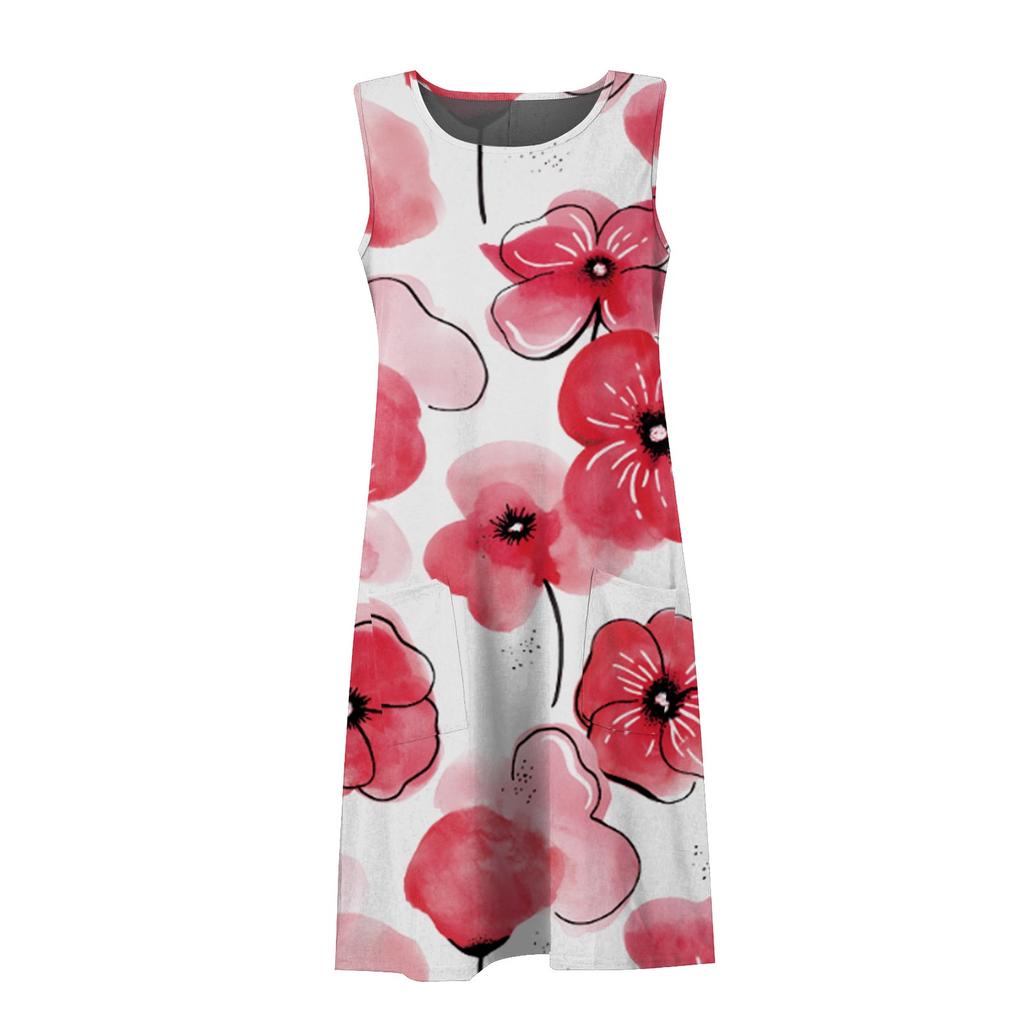 Women's Fashion Summer Printed  Sleeveless Dress Crewneck  Large Hemline Dress