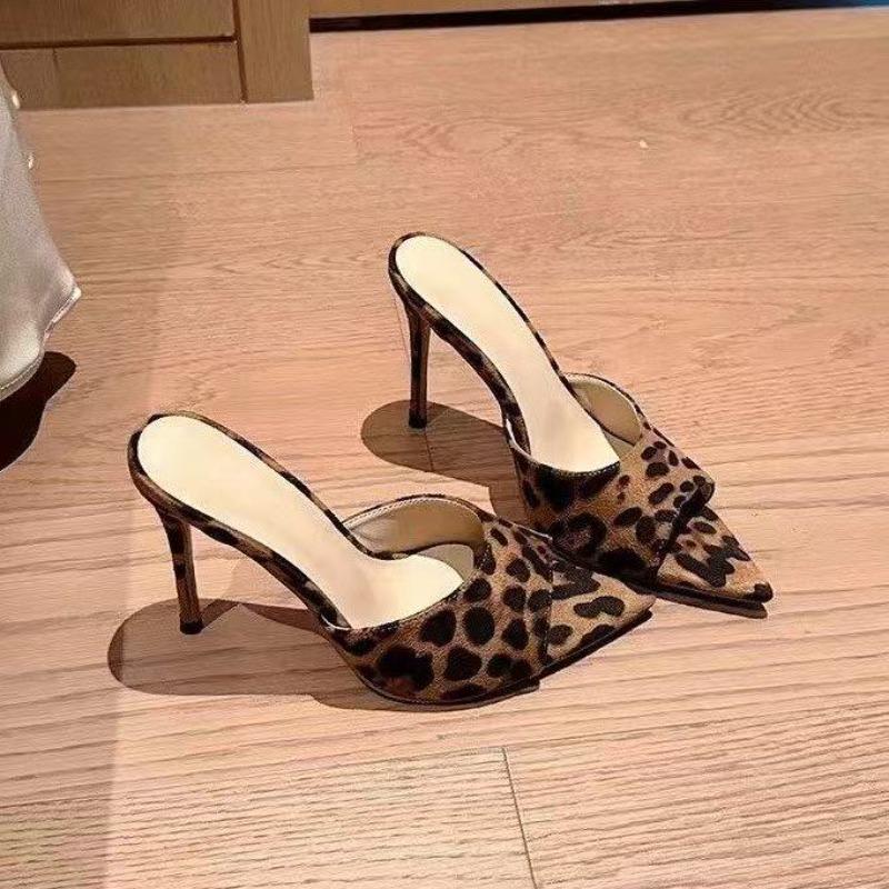 Fashion Women's Slippers Summer New High Heels Pointed Head Shallow Mouth Leopard Print Sandals Fashion Temperament Fine Heels Slippers