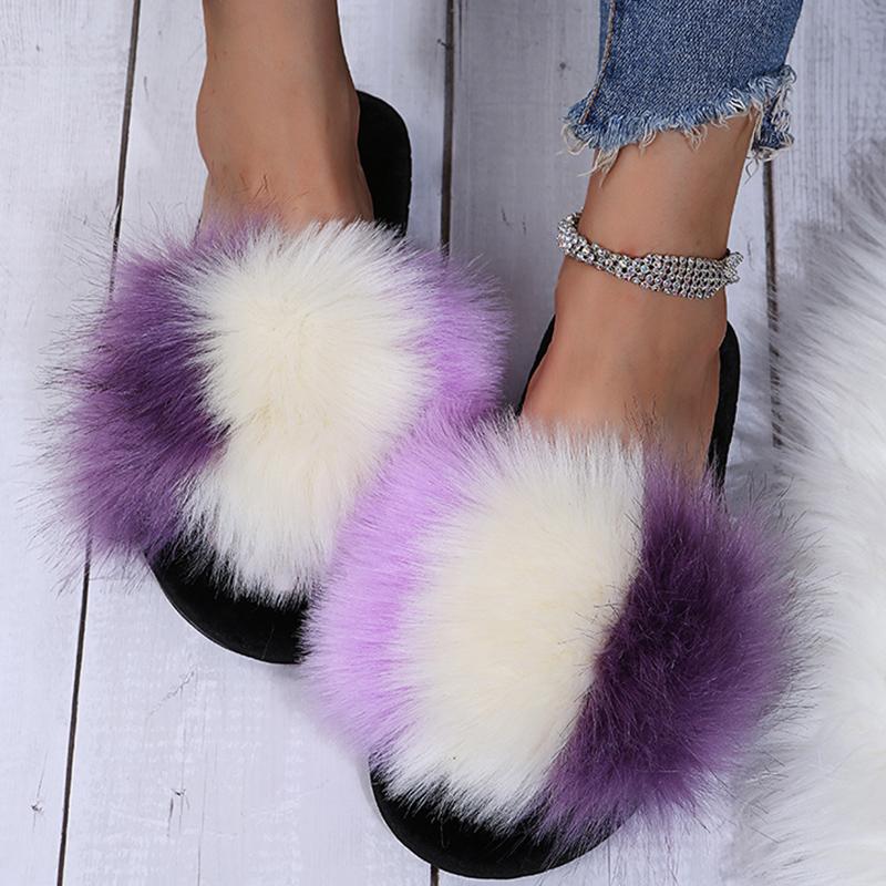Модные Модные Пушистые Меховые Тапочки Смешанных Цветов для Женщин Зимние Теплые Уютные Домашние Тапочки Женские С Открытым Носком Нескользящие Плюшевые Тапочки для Пола