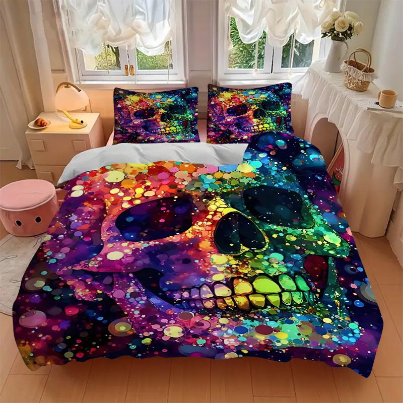 3pcs Colorful Skull Design Bedding Set, Includes One Quilt Cover and Two Pillowcases (No Core), Perfect for Bedroom and Guest Room