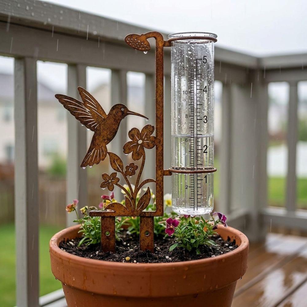 Large Capacity Metal Rain Gauge Stake Vintage Flower Bird Yard Rainfall Monitor Yard Barn