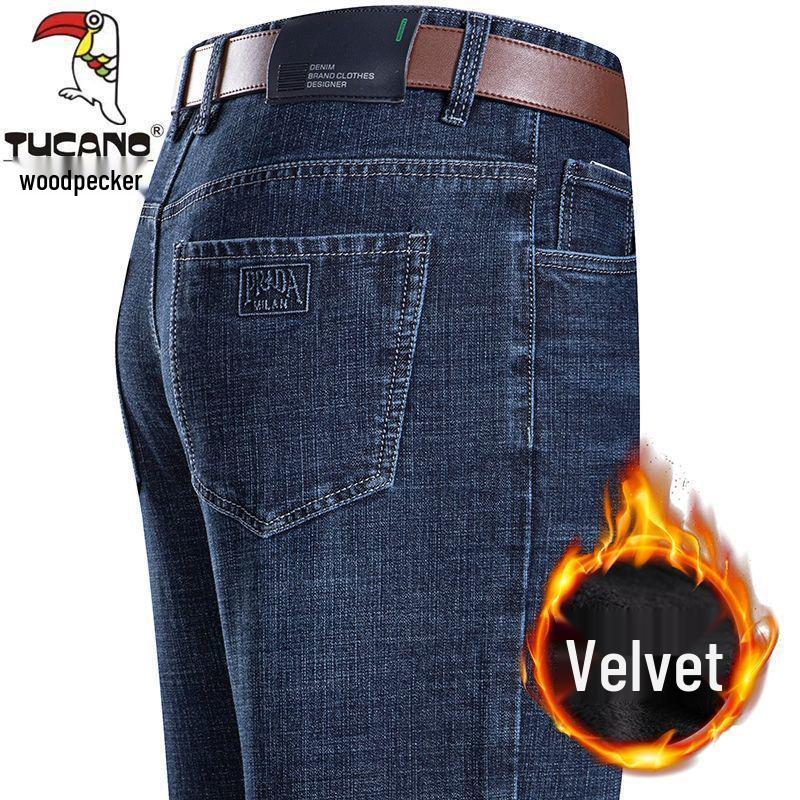 Woodpecker Men's High-Waisted Winter Fleece-Lined Stretch Jeans - Business Casual Straight-Leg Trousers