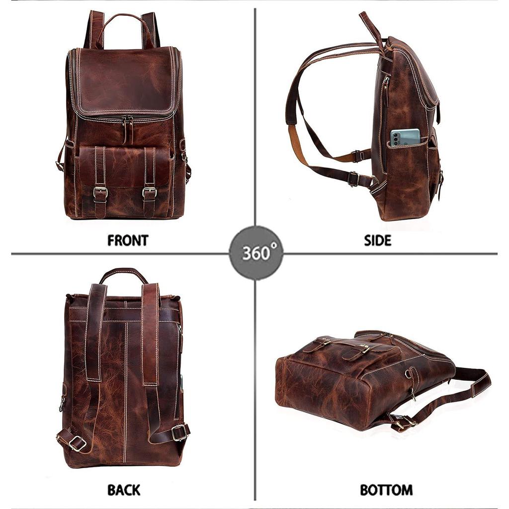 Full Grain Leather Backpack for Men - 17 Inch Laptop Bag - Vintage Travel Rucksack - Casual Daypack for Womens