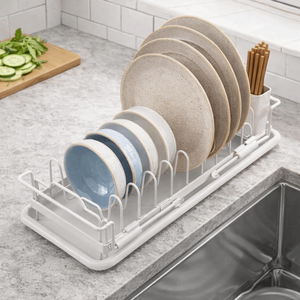 Non-Slip Expandable Dish Drying Rack Large Capacity Draining Sink Dish Drying Rack with Cutlery Holder Space Saving Dish Drainer