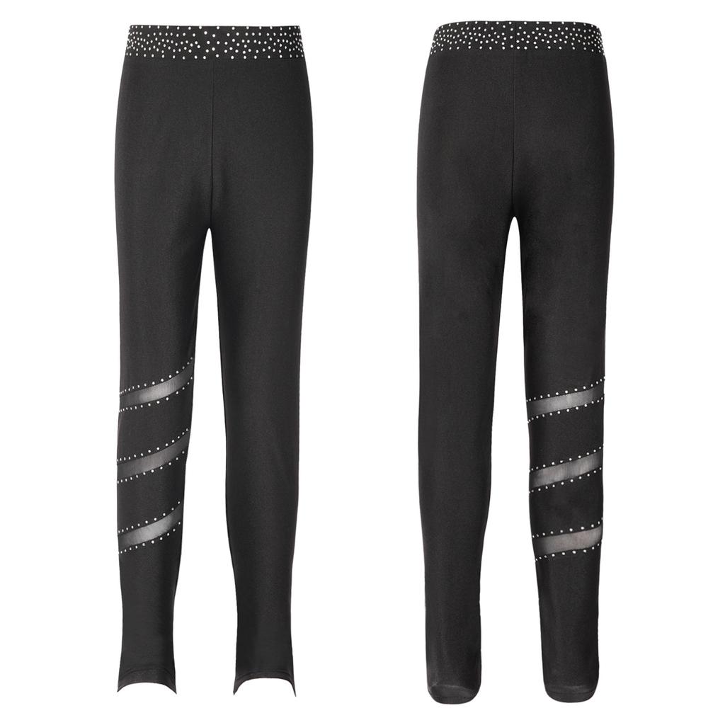 Детские штаны для фигурного катания для девочек, блестящие леггинсы со стразами, прозрачные сетчатые лоскутные брюки