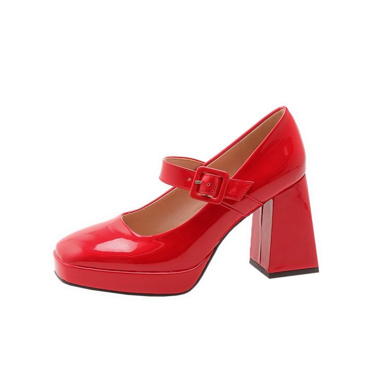 Женские туфли-лодочки на толстом высоком каблуке с квадратным носком, вечерние лаконичные весенне-осенние туфли Мэри Джейн с пряжкой, черные, белые, красные, винно-красные, Be
