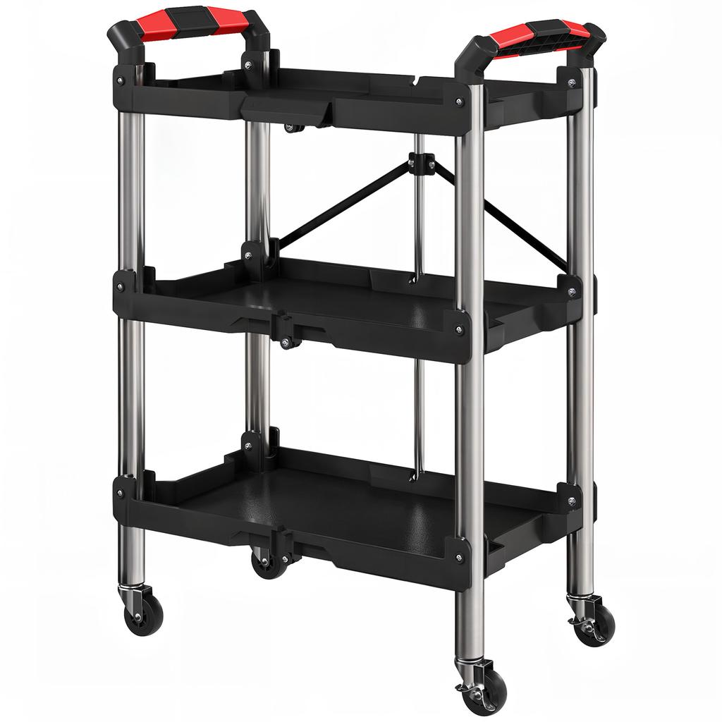 Foldable 3-Tier Plastic and Steel Tool Trolley Cart, Black