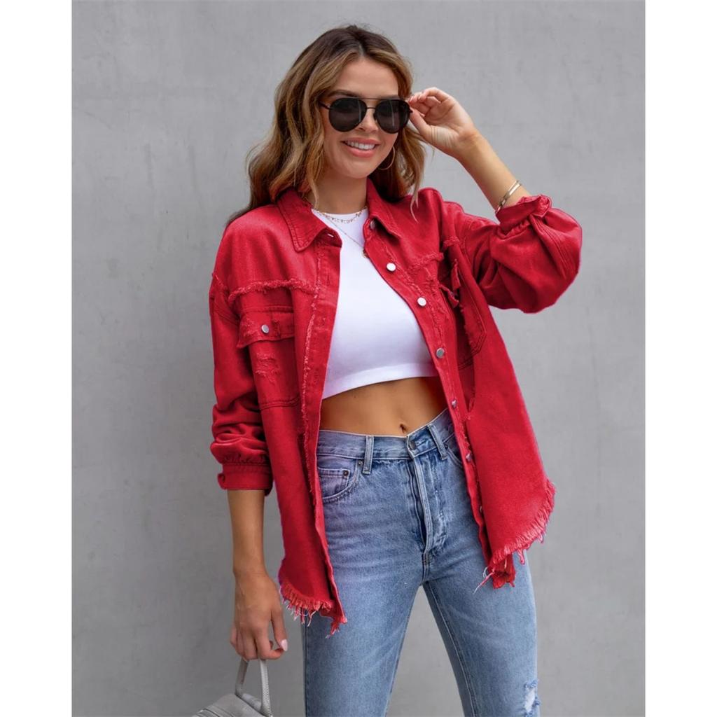 Holes Raw-edges Denim Jacket Women Spring Autumn Shirt Style Jeancoat Casual Top Rose-Red Orange Purple Outerwear Lady Coat