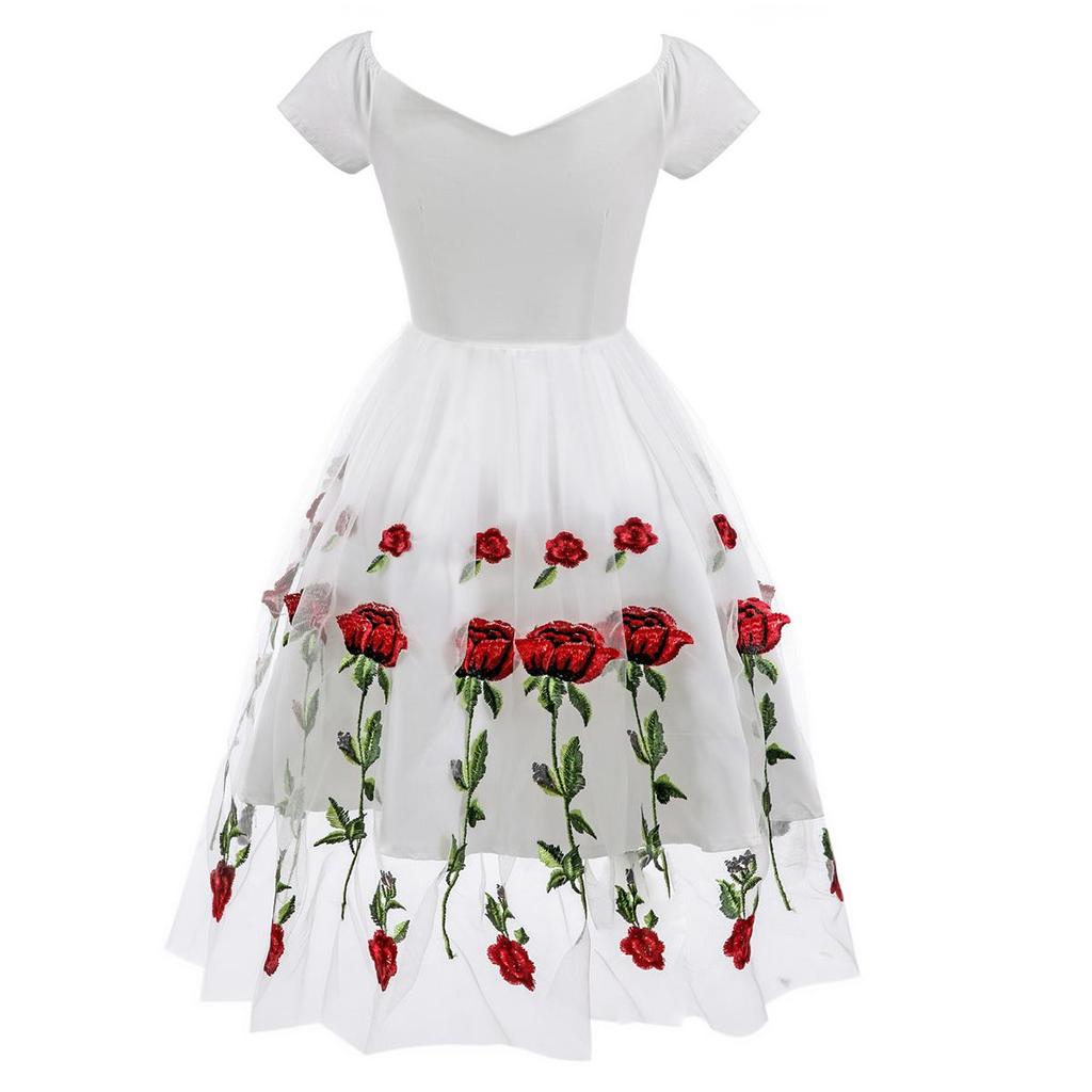 Women's Embroided Prom Dress Rose Flowers Mesh Tulle Off Shoulder Midi Skater Wedding Guest Evening Cocktail Party Special Formal Occasion Oufits