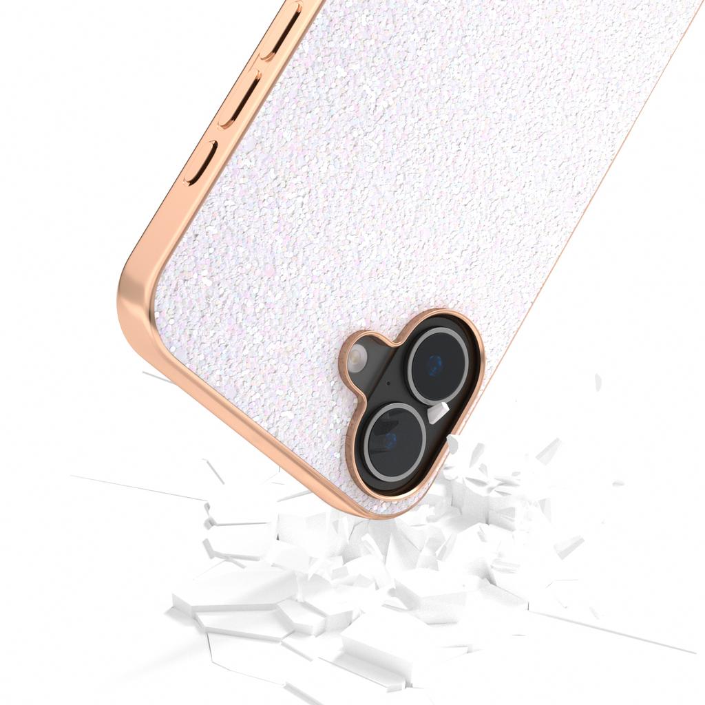 For iPhone 16 Case Electroplating Phone Cover Colored Glitter Design PU+TPU Protective Case - Gardenia White
