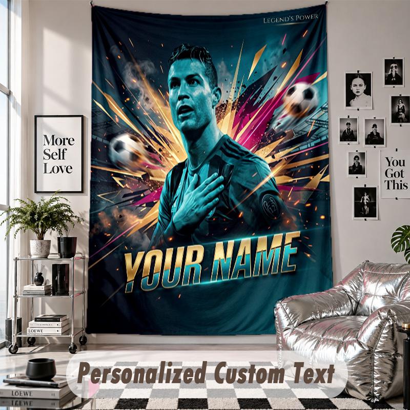 Wall Hanging Tapestry With Custom Name & Text, Cristiano Ronaldo Decorative Tapestry For Bedroom