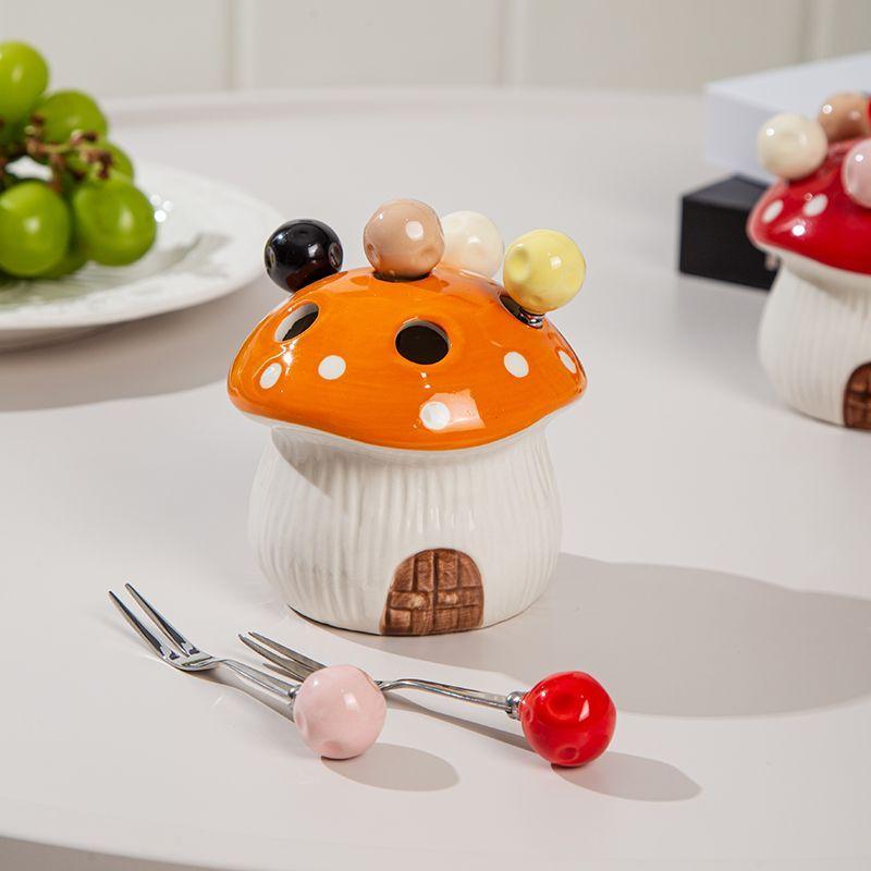 Креативный керамический набор фруктовых вилок в виде грибов Изысканная настольная банка для хранения Домашняя коробка для хранения фруктовых вилок Домашнее украшение Подарок на день рождения