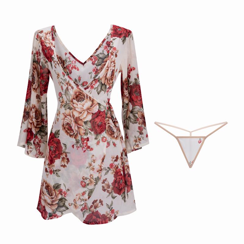 Manyan Sexy Lingerie: Deep V Silky Kimono & See-Through Floral Nightdress Set